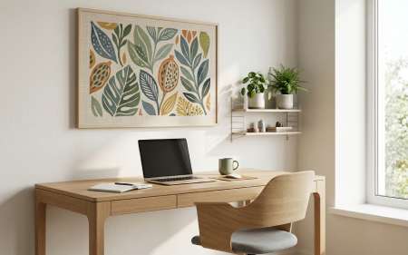 Minimalist home office workspace featuring sleek wooden desk, ergonomic chair, and framed textile art